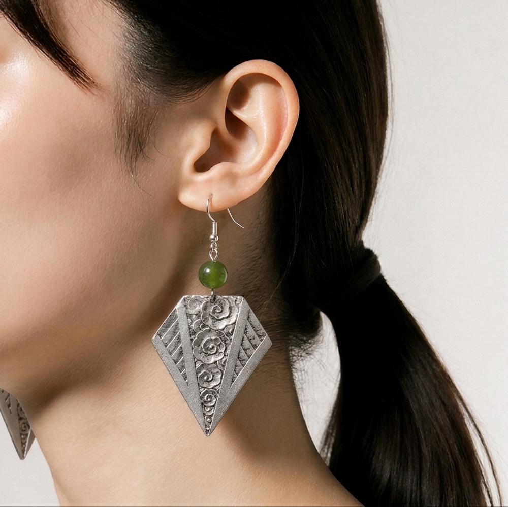 Silver and Green Geometric Earrings
